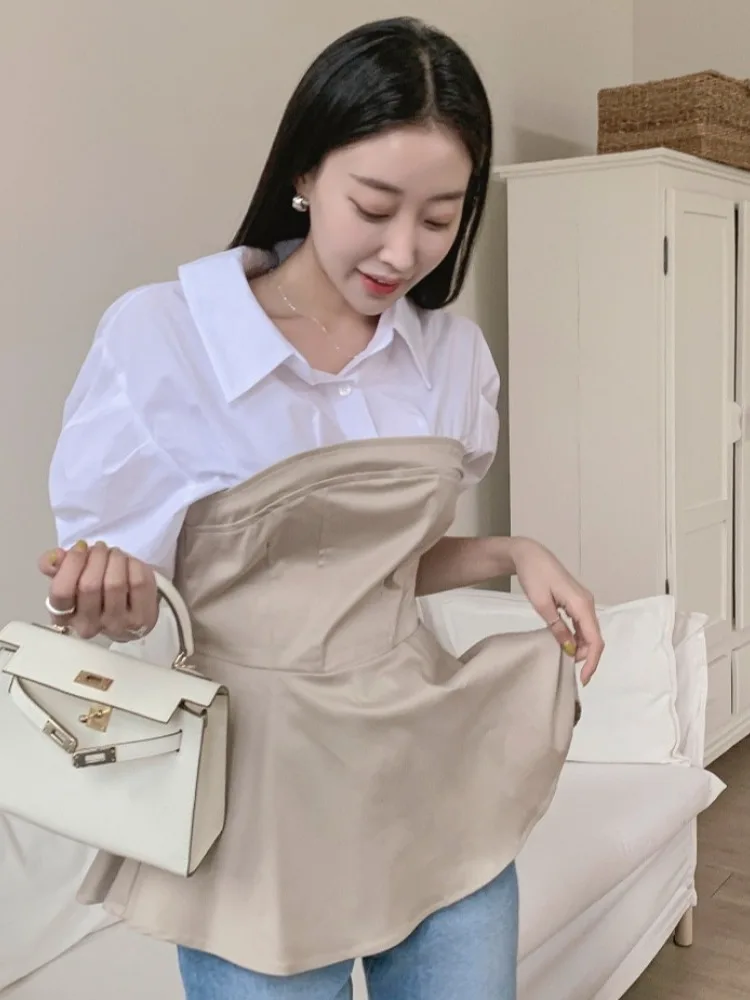 Женский летний облегающий топ Irt Fake из двух предметов Ne ort Sve Bubble Sve Color Blo Design, универсальный топ Sli