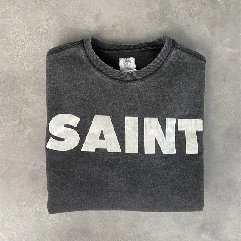 

24SS Washed Black Saint Michael Round Neck Hoodies Letter Logo Printing Oversized Men Clothing