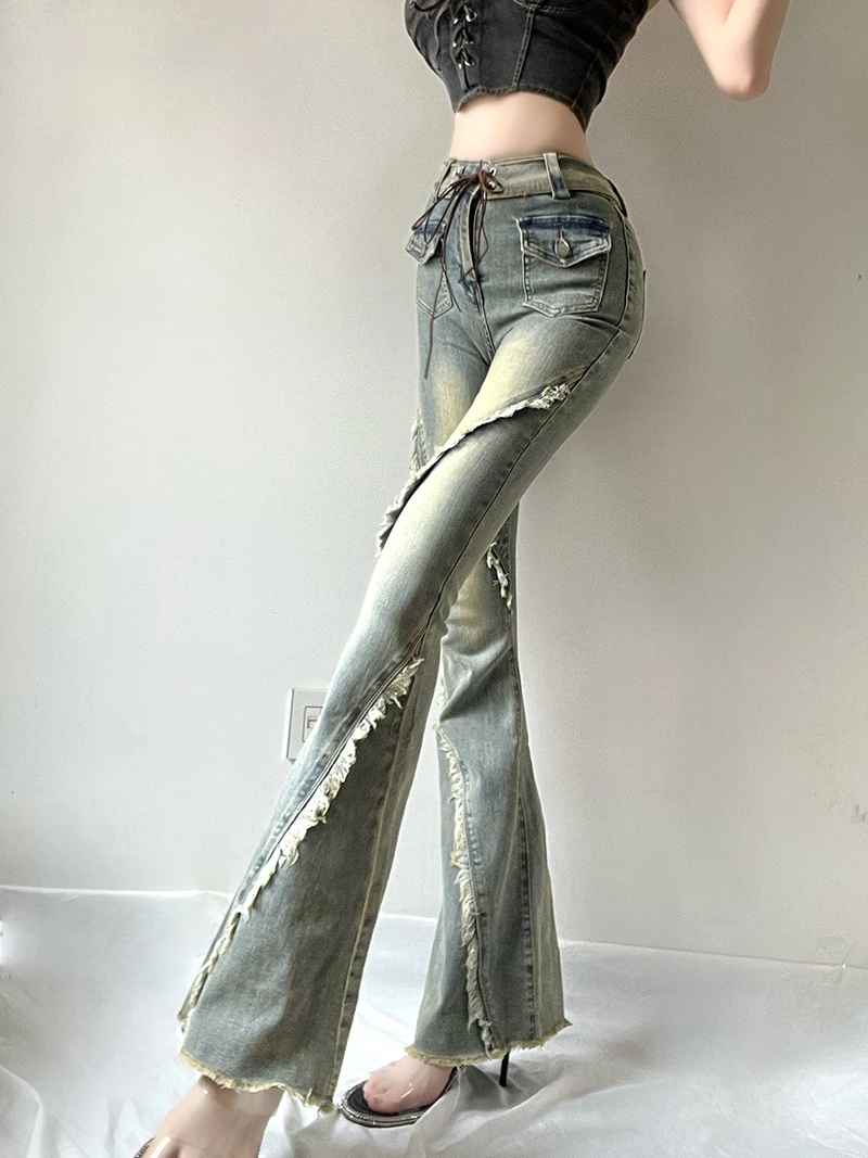 REDDACHiC-Jeans elásticos de cintura alta para mulheres, calças cortadas em patchwork, calças elegantes, streetwear, vintage dos anos 90