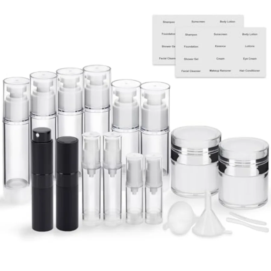 20 Pack Airless Pump Jar and Atomizer Perfume Spray Bottles Set, Leak Proof, Travel Cosmetic Containers for Shampoo Conditioner
