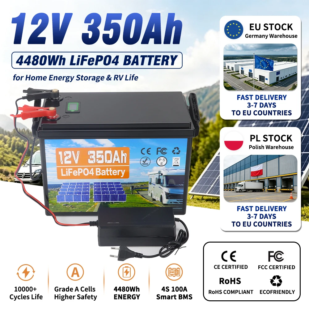 12V 350Ah Lifepo4 Lithium-Batterie 100A Smart BMS Wiederaufladbare Lithium-Eisenphosphat-Batterie für Trolling-Motoren Boote mit Ladegerät