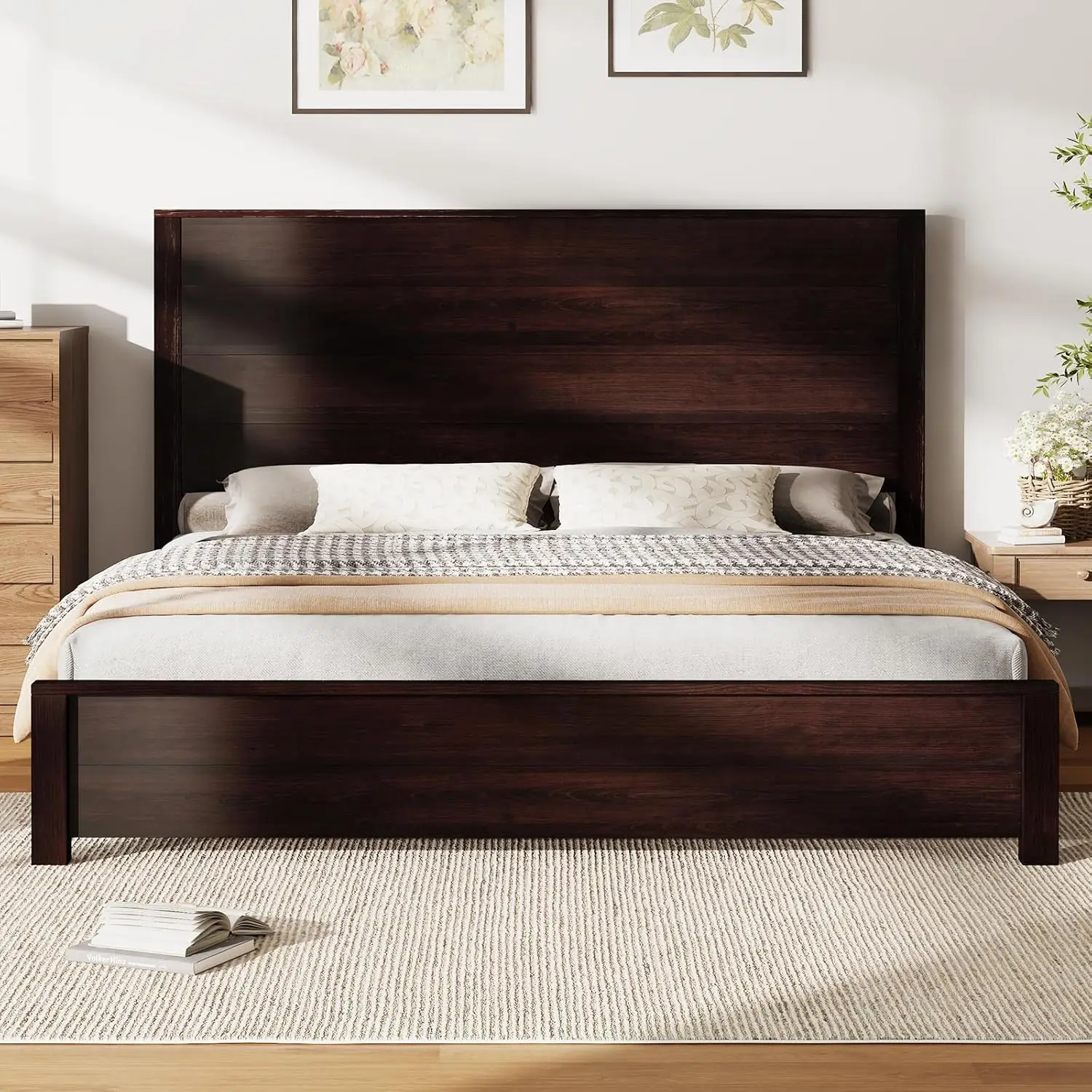 Amerlife King Size 51.2"" Solid Wood Bed Frame, Rustic Platform Bed With Spliced Headboard, Wood Slats Support/Noiseless/No Box