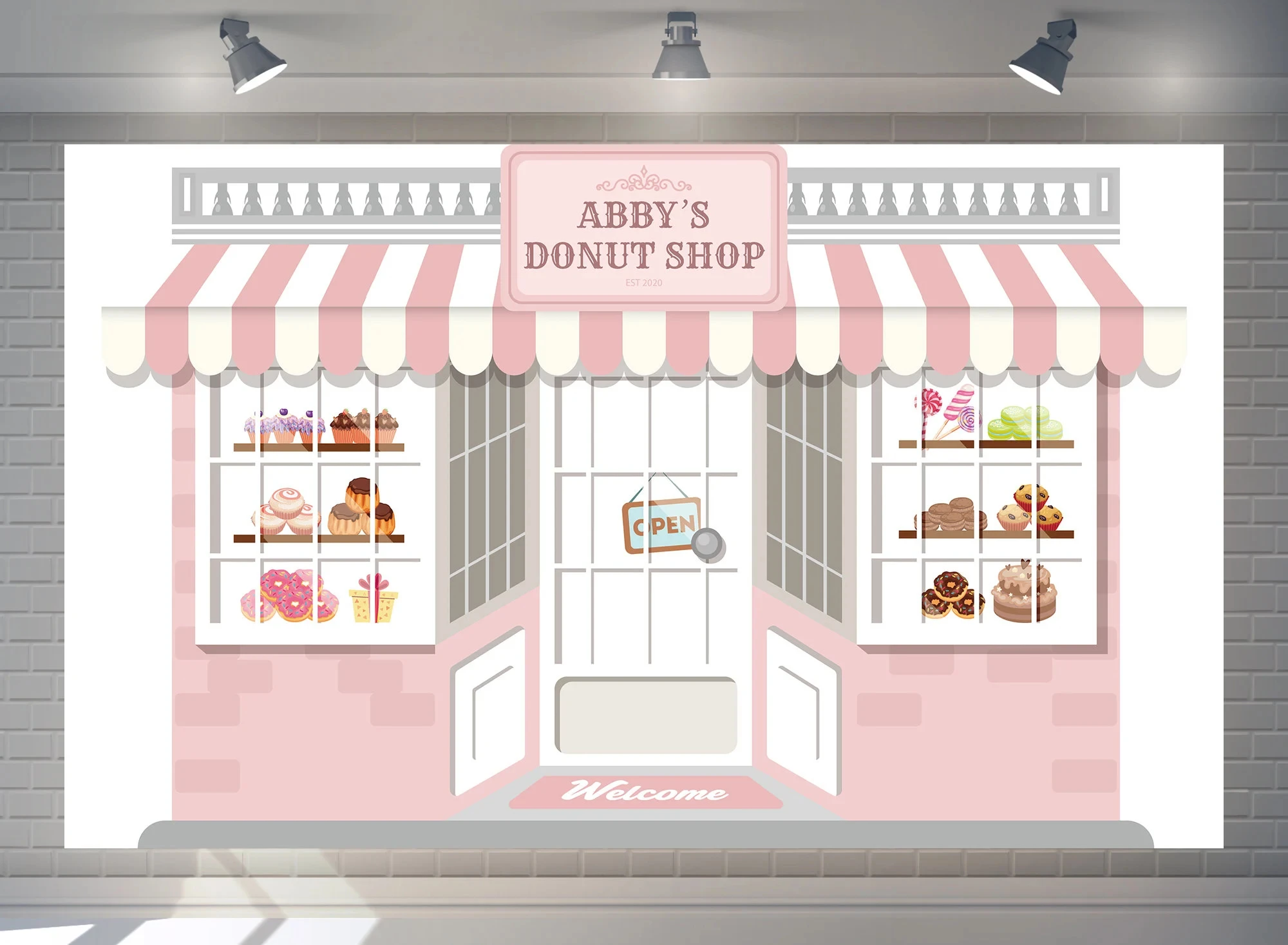 

Customize Baby Shower Donut Shop Backdrop Pink Brick Wall Girl Happy Birthday Party Decoration Photography Banner Stretch Fabric