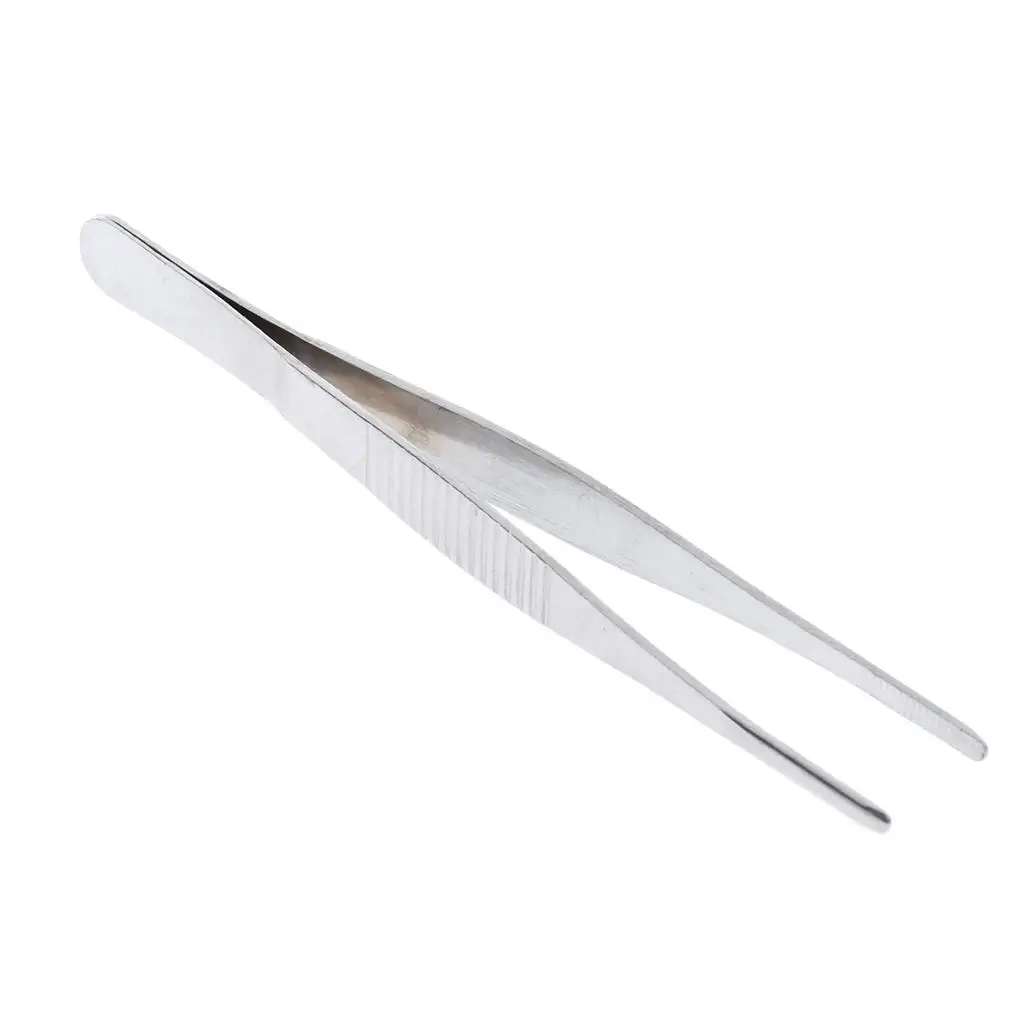 Lab Stainless Steel Straight Tweezer Serrated Tip Chemistry Experiment 140mm