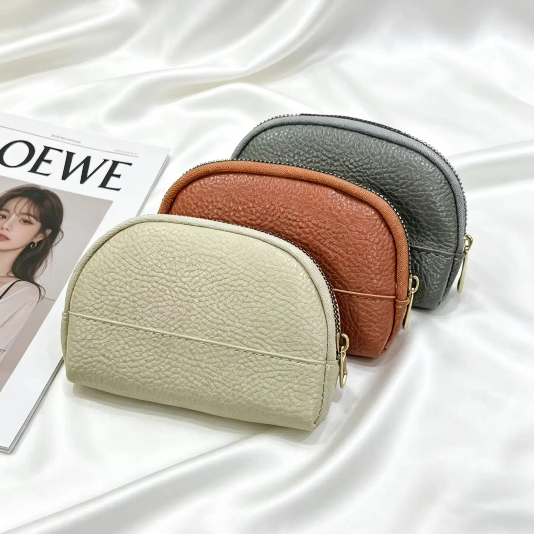 

BUYLEMO Minimalist Litchi Grain PU Semi-circular Storage Pouch, Portable Mini Coin & Earphone Handheld Purse