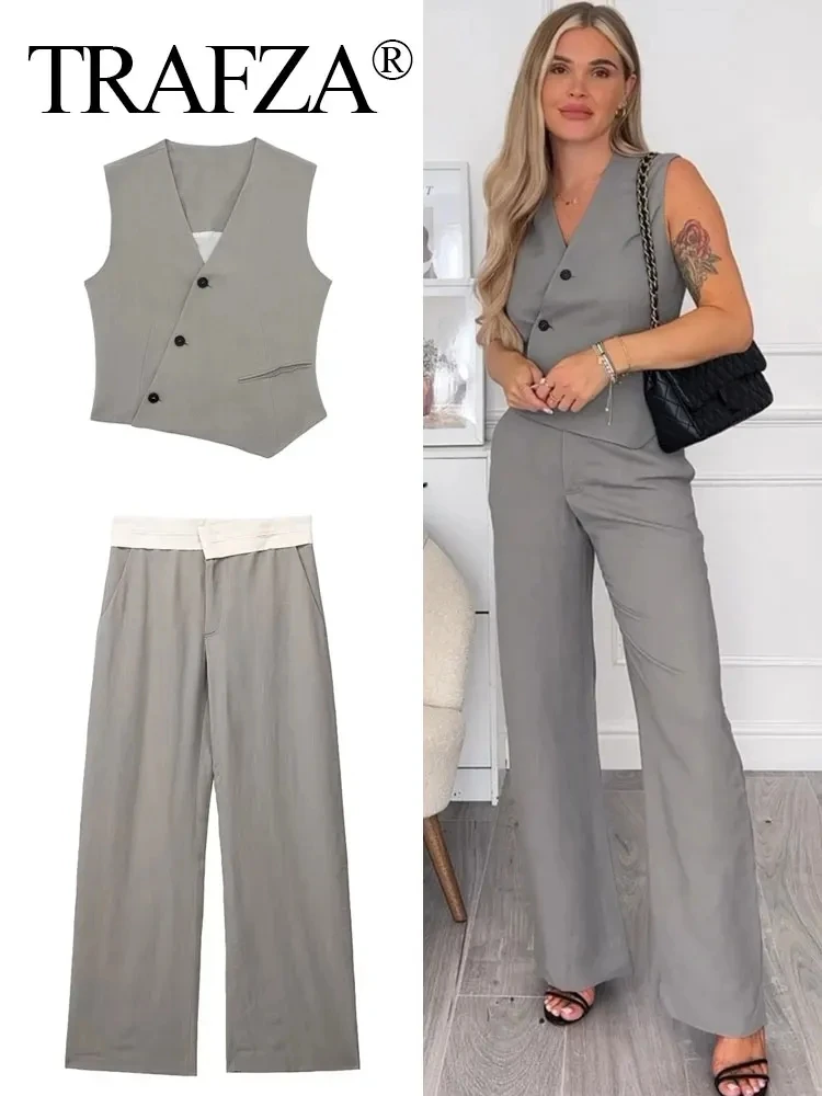 TRAFZA Women Solid Pants Suit Asymmetric Sleeveless Single Breasted Vest Top + High Waist Loose Tousers Fashion Streetwear