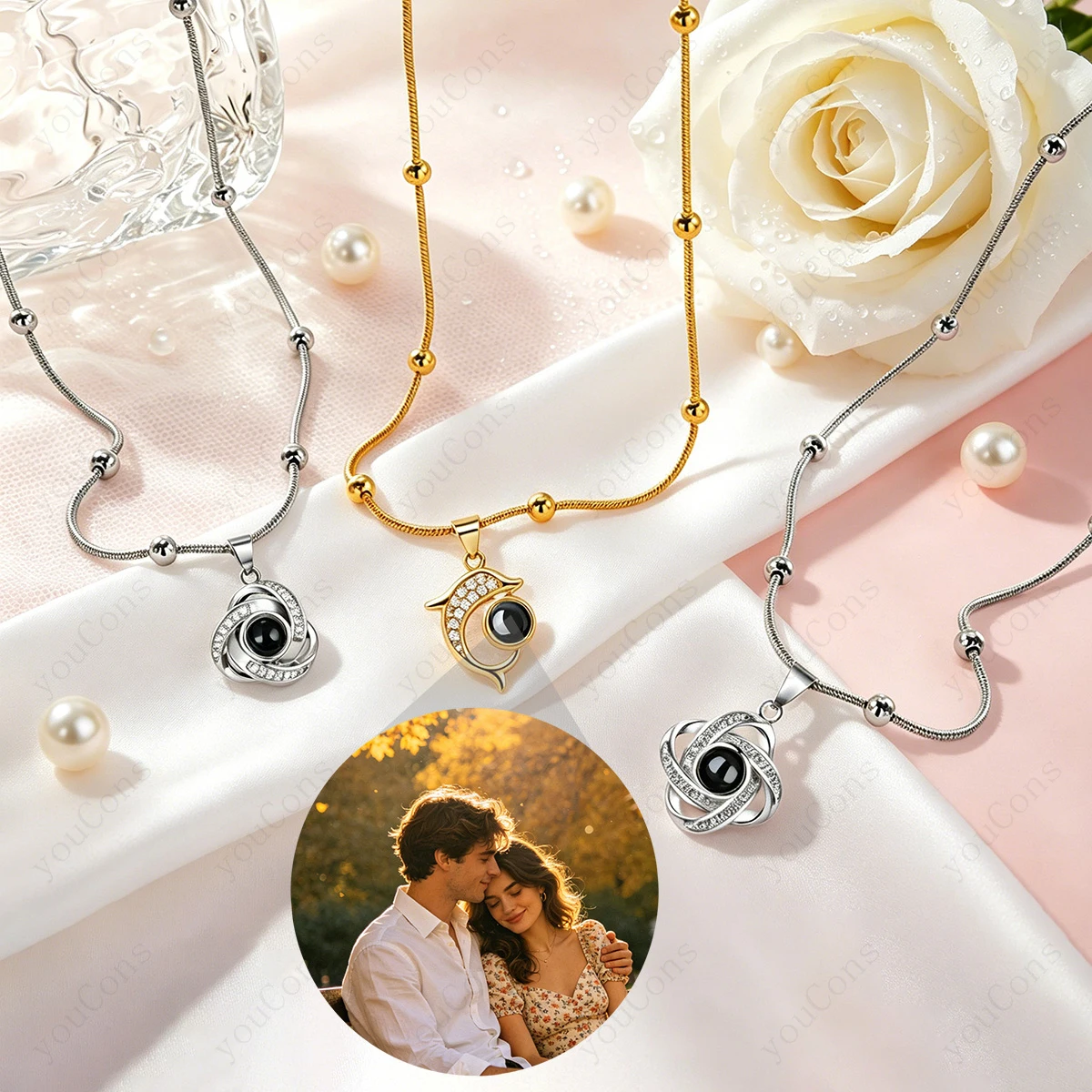 Color Picture Custom Projection Necklace Stainless Steel Snake Bone Bead Chain Valentine's Mother's Day Fashion Surprise Gift