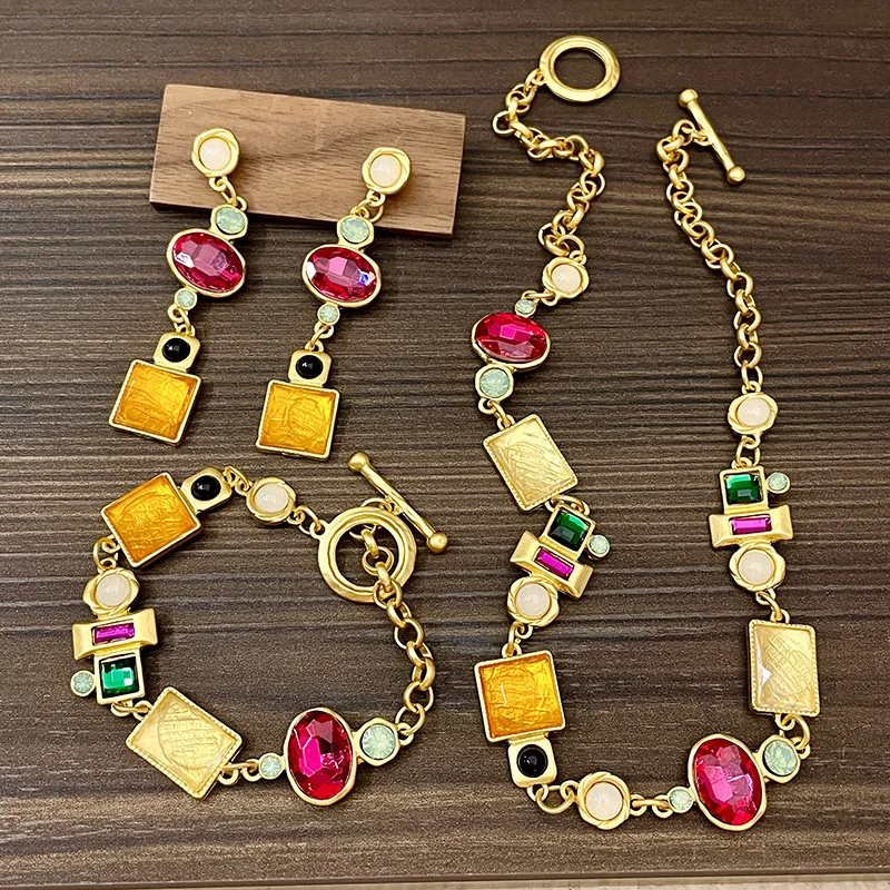 Medieval style color rhinestone splicing necklace set niche design ot buckle metal clavicle chain women's fashion jewelry