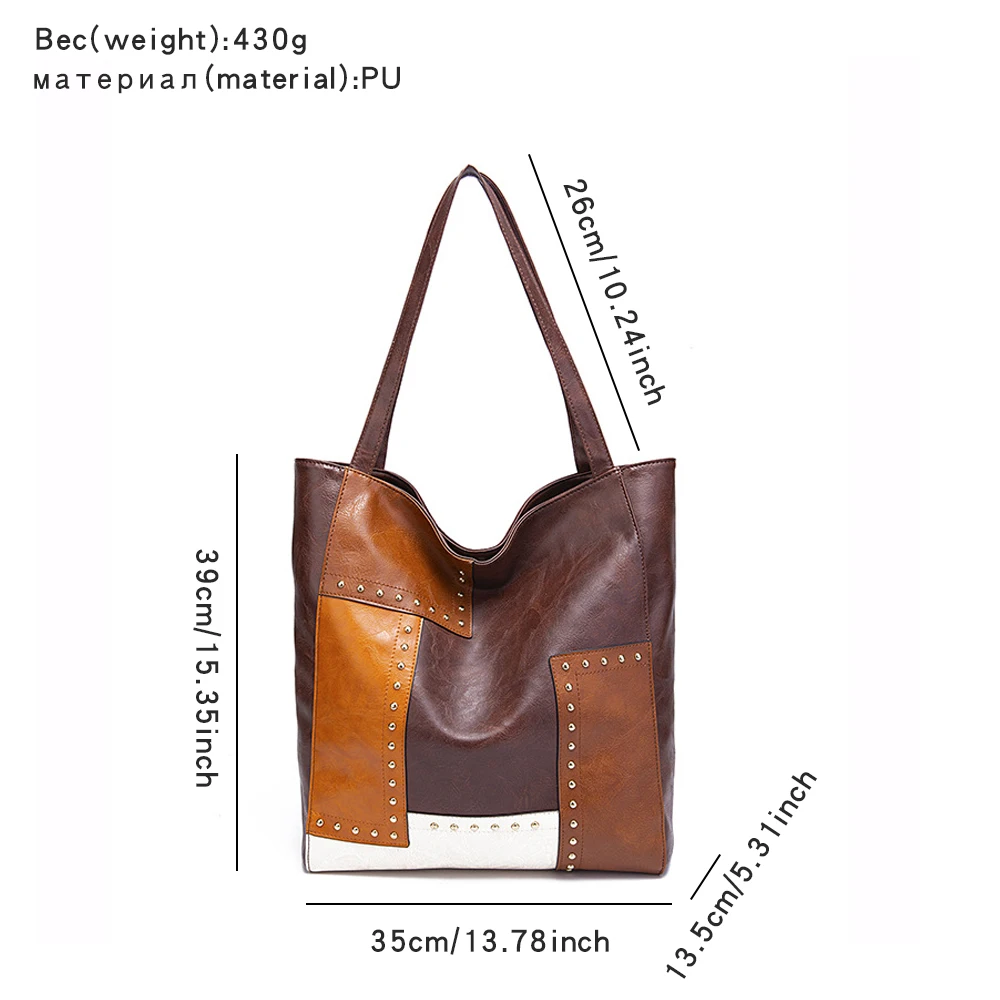 Vintage Oil Wax Soft Leather Women\'s Handbag Large Capacity Casual Tote Bag Riveted Patchwork Women\'s Shoulder Bag