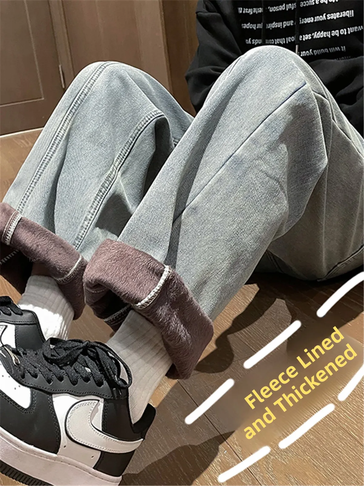 

Men's Fce Lined Wide Leg Jeans Thiened Casual Trousers Autumn Winter High Street Loose Long Pants American Retro Sle