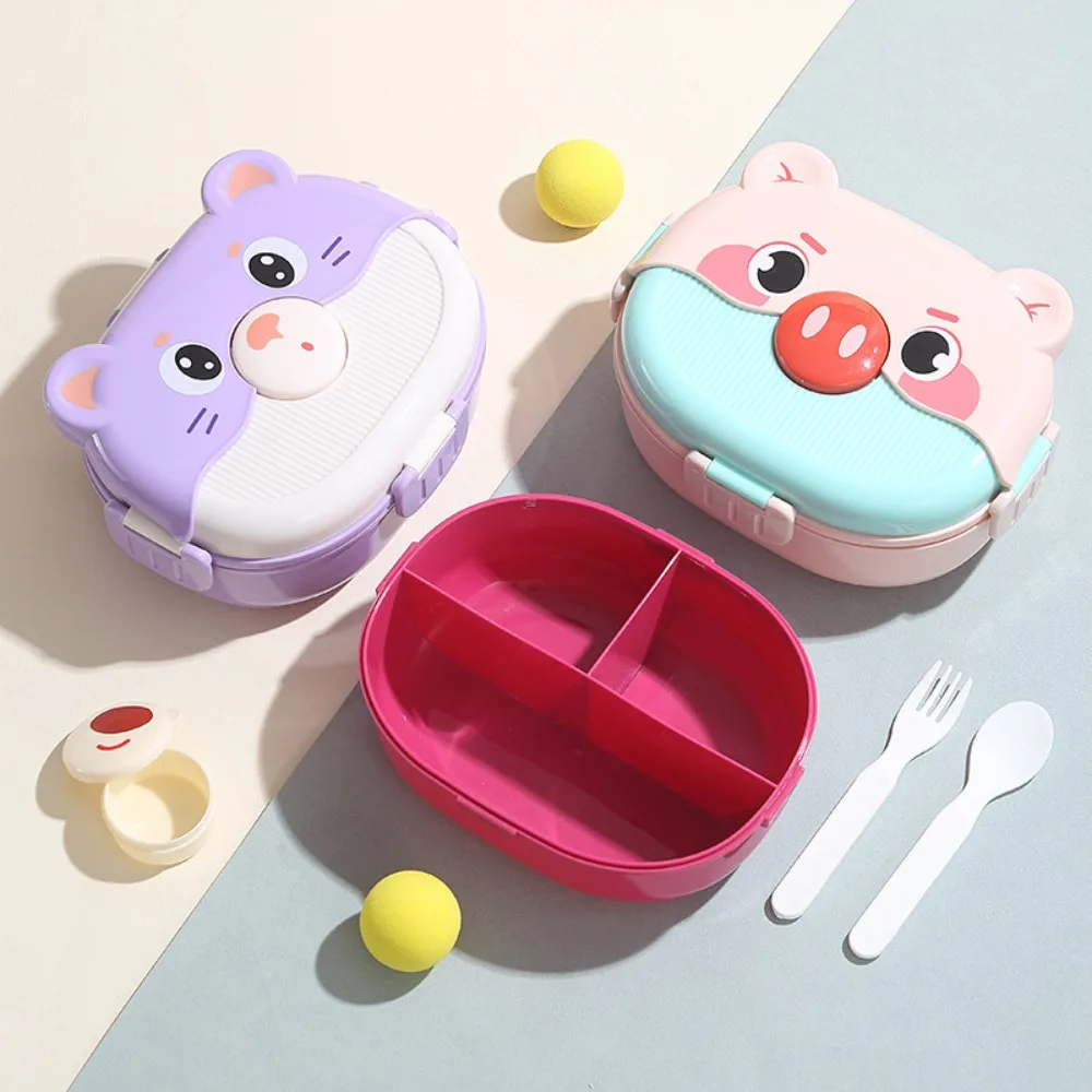 

Portable Animal Pattern Cartoon Student Lunch Box Microwavable with Cutlery Food Storage Box 3 Grids Plastic Food Container Kids