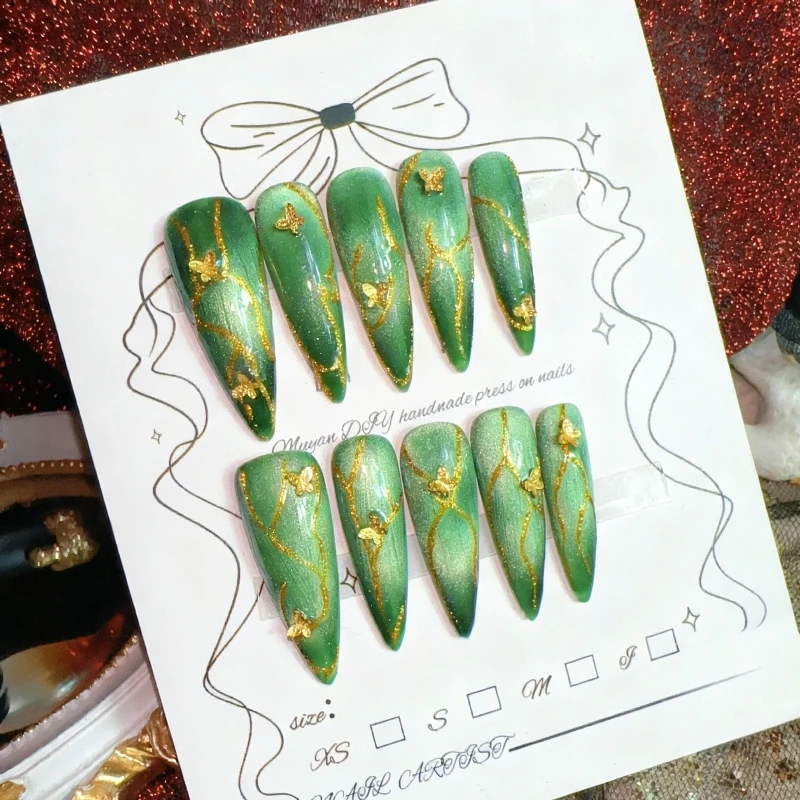 

10 шт., золотые бабочки, пресс на ногтях, шпилька, ручная работа, кошачий глаз с волнистыми линиями, блестящие минималистичные ежедневные накладные ногти nke значение