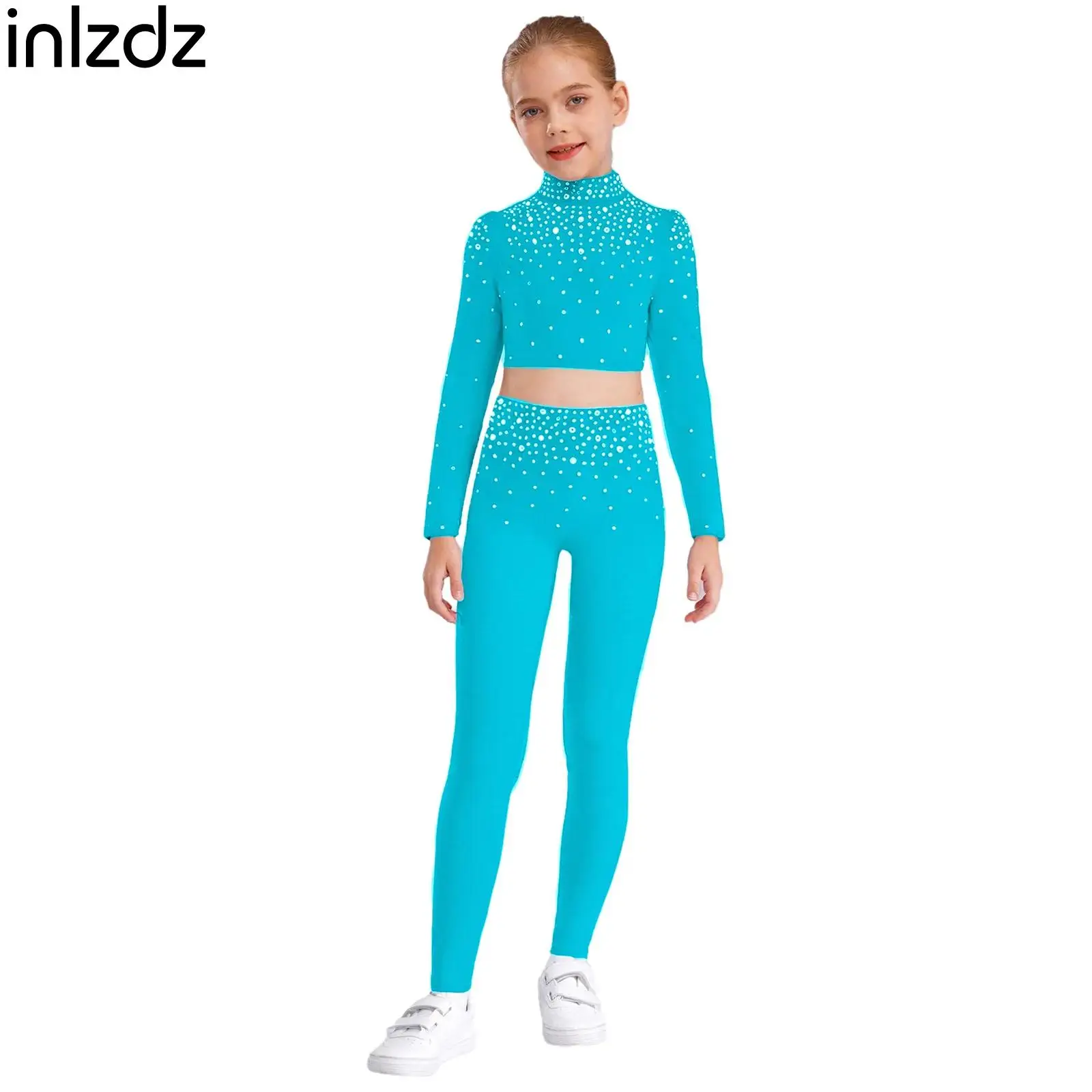 

Child Girls Jazz Dance Stage Performance Costume Long Sleeve Sparkling Rhinestones Crop Top with Pants Dancewear for Kids 6-16Y