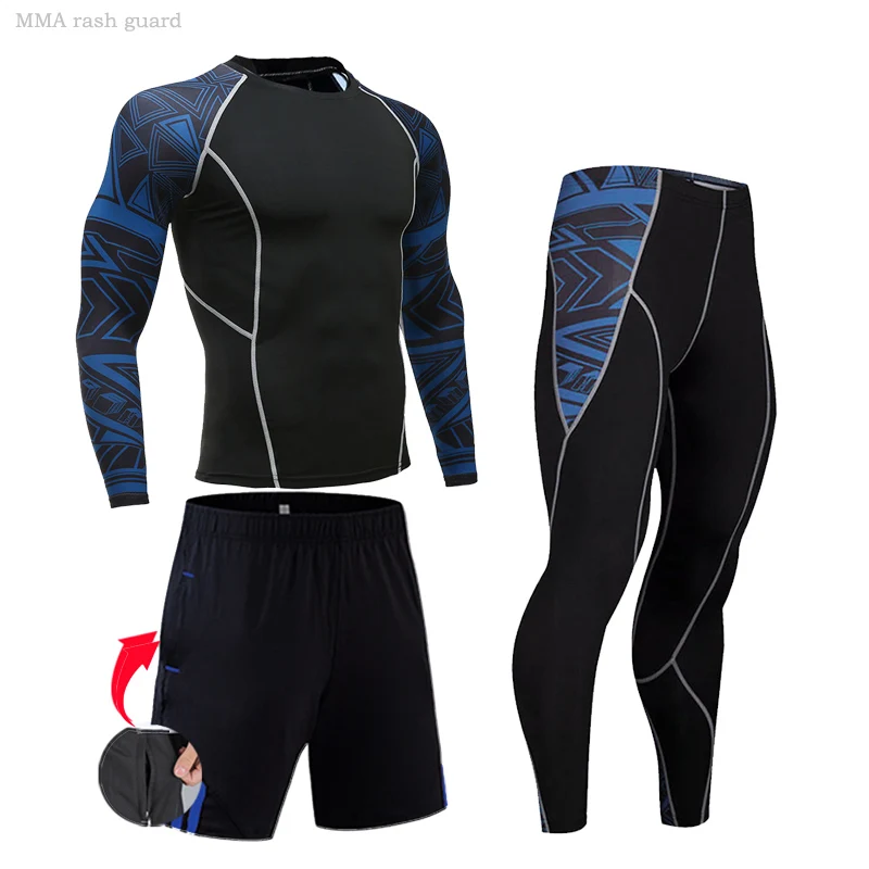 Traje deportivo de compresión para hombre, ropa interior térmica para correr, Camiseta larga para gimnasio, Leggings, pantalones cortos, MMA rashgard