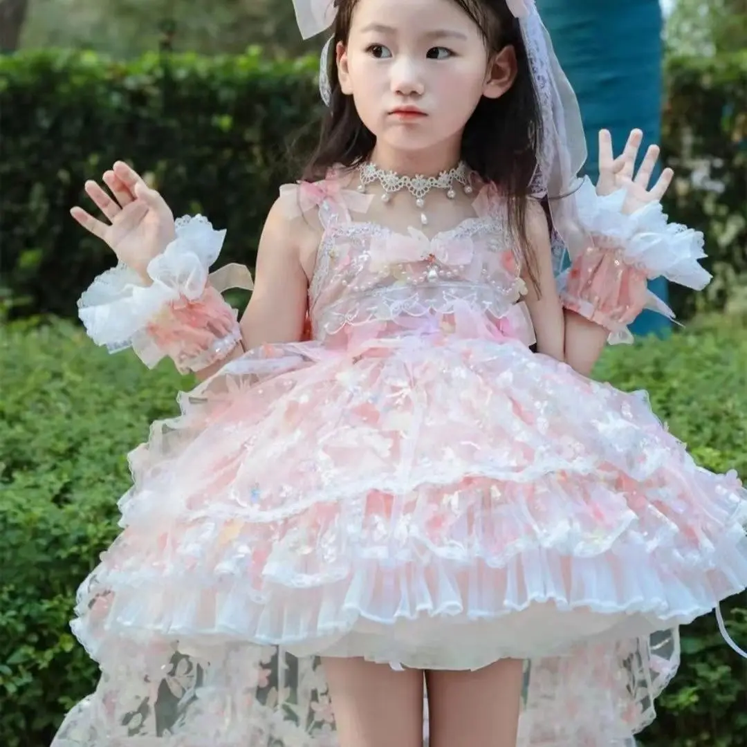 Baby Girls Summer Pink Sweet Lolita Lace Floral Princess Ball Gown Cake Layed Backless Sundress Birthday Holiday Party Children