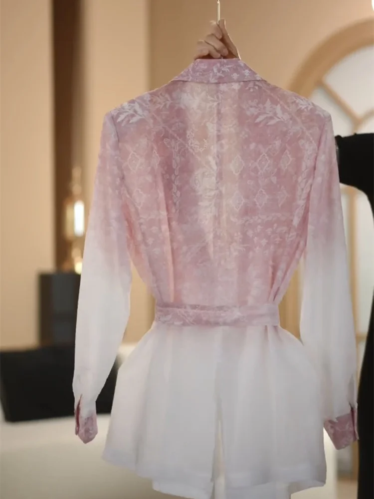 2025 Estate Nuovo Set completo professionale Donna Cappotto dimagrante rosa sfumato di alta qualità + Pantaloni casual a gamba larga Set da pendolare