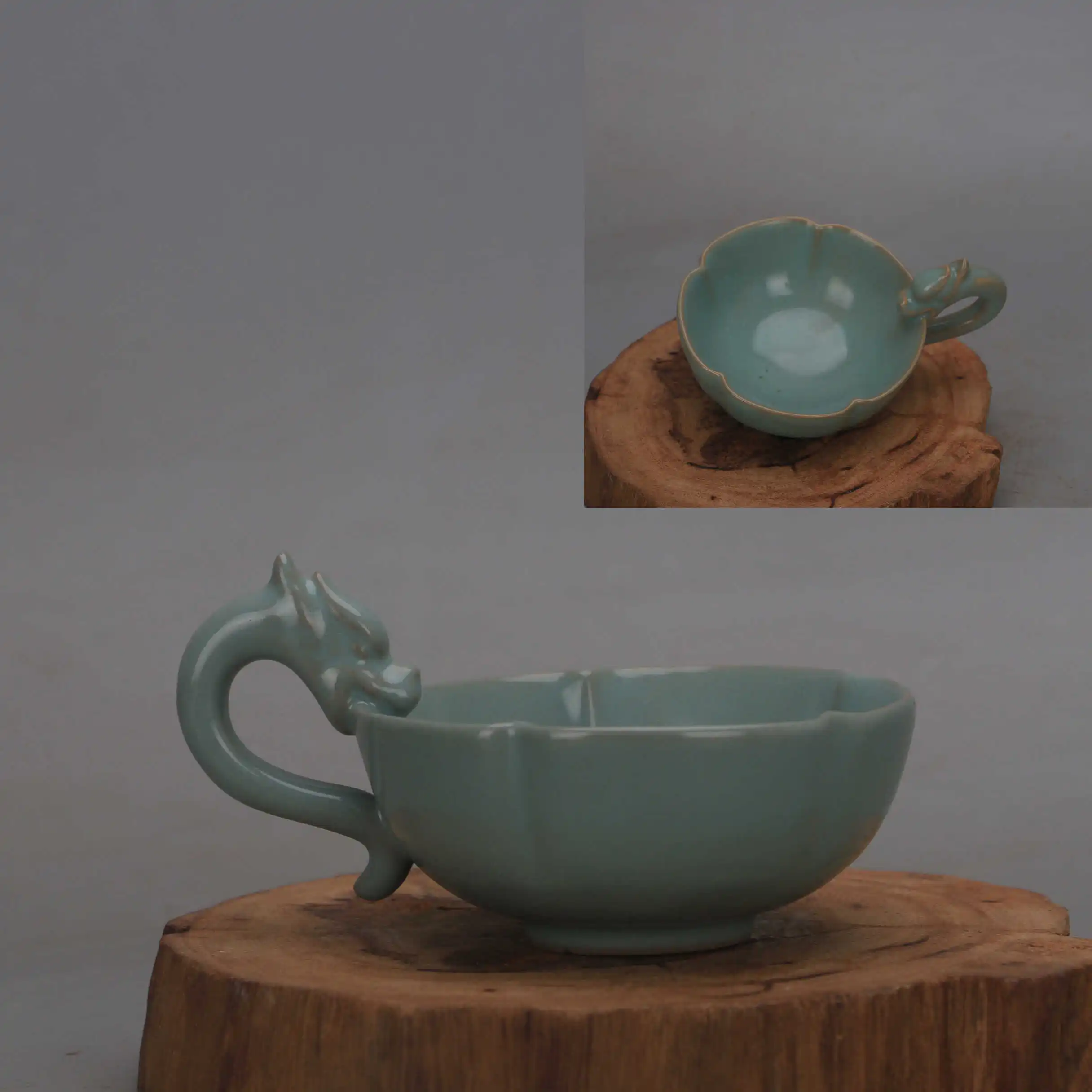 Song Dynasty Ru Ware Celadon Ice Crackle Dragon Handle Cup Replica Handmade Chinese Porcelain Home Decor Tea Gift