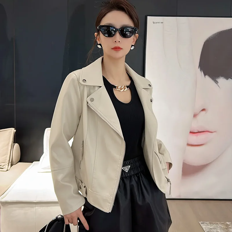 Chic Leather Jacket Women\'s Outwear Spring Autumn 2024 New Elegant Zipper Loose Comfortable PU Leather Motor Vehicle Clothing