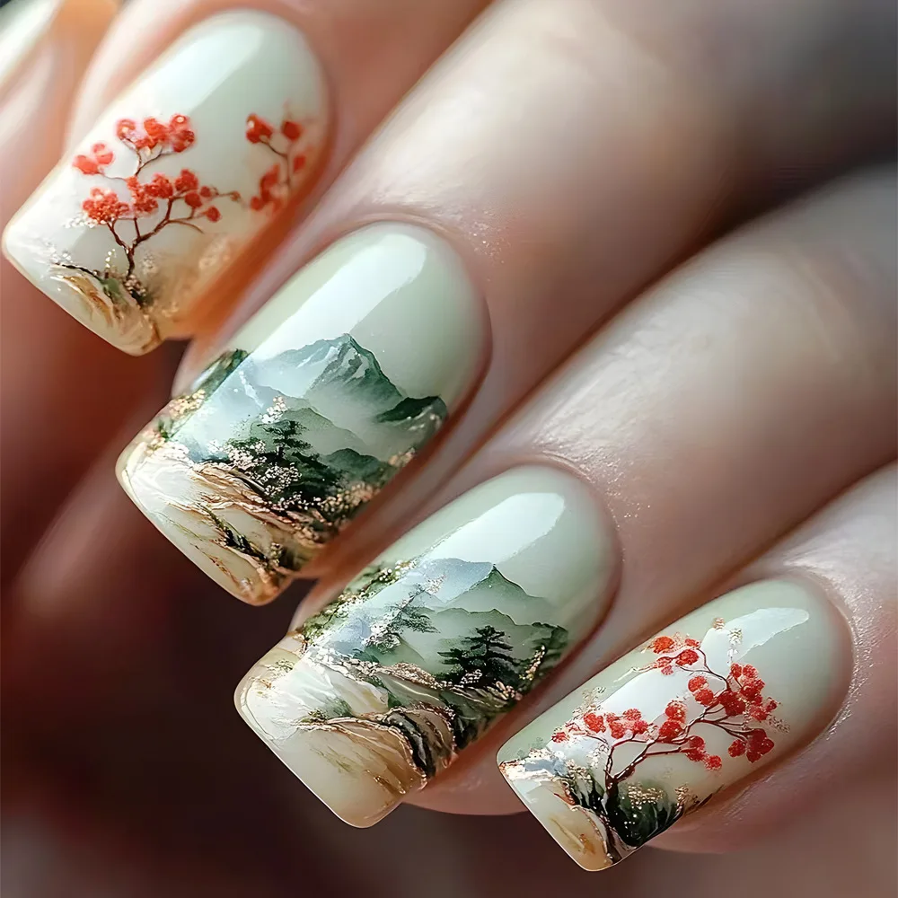 24 Uds uñas postizas de flores blancas azul corto cuadrado prensa en uñas acrílicas moda uñas postizas usables con pegamento de gelatina en el clavo
