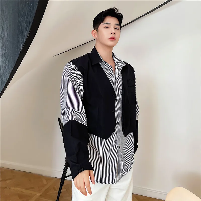 

Spring Autumn Men's Striped irt Patchwork Fake Two-Piece Color Blo Hair St irt Stand Fit Long Sve Youth Faion