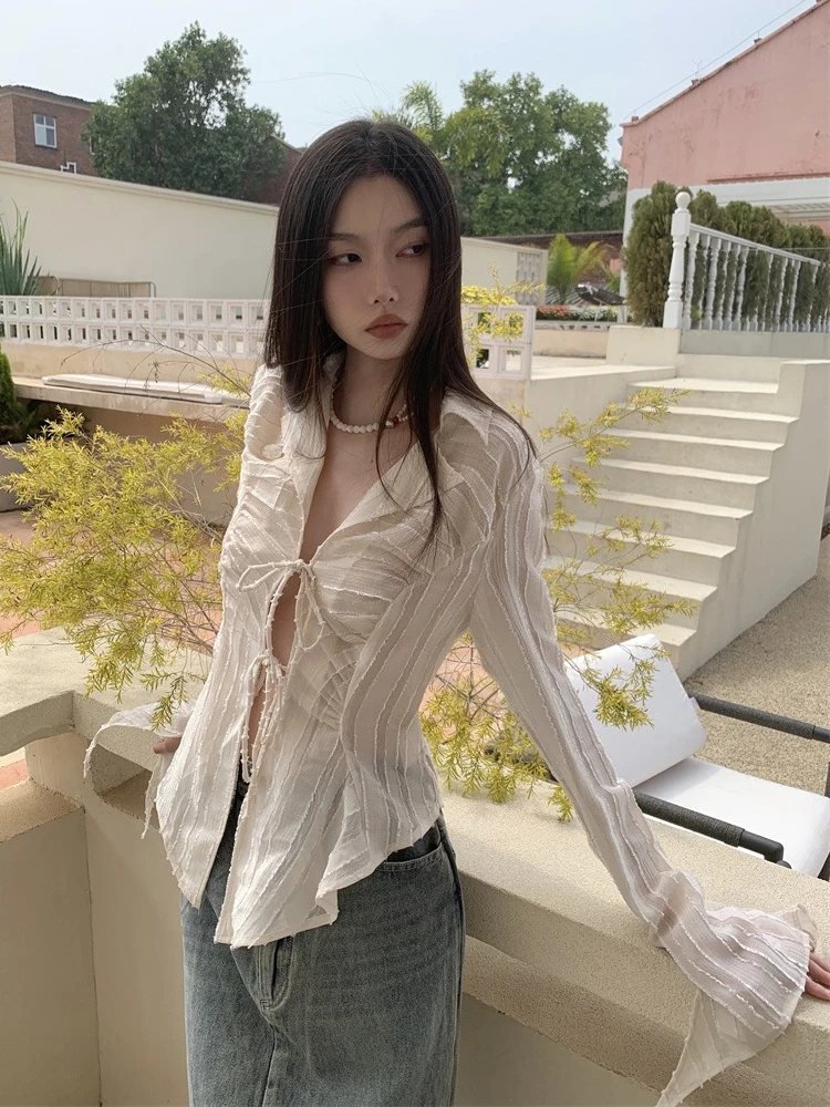 Genayooa Fairycore Lace Up Blouse Women Long Sleeve Spring 2023 New Turn-down Collar Women Shirt Ladies Tops Korean Fashion