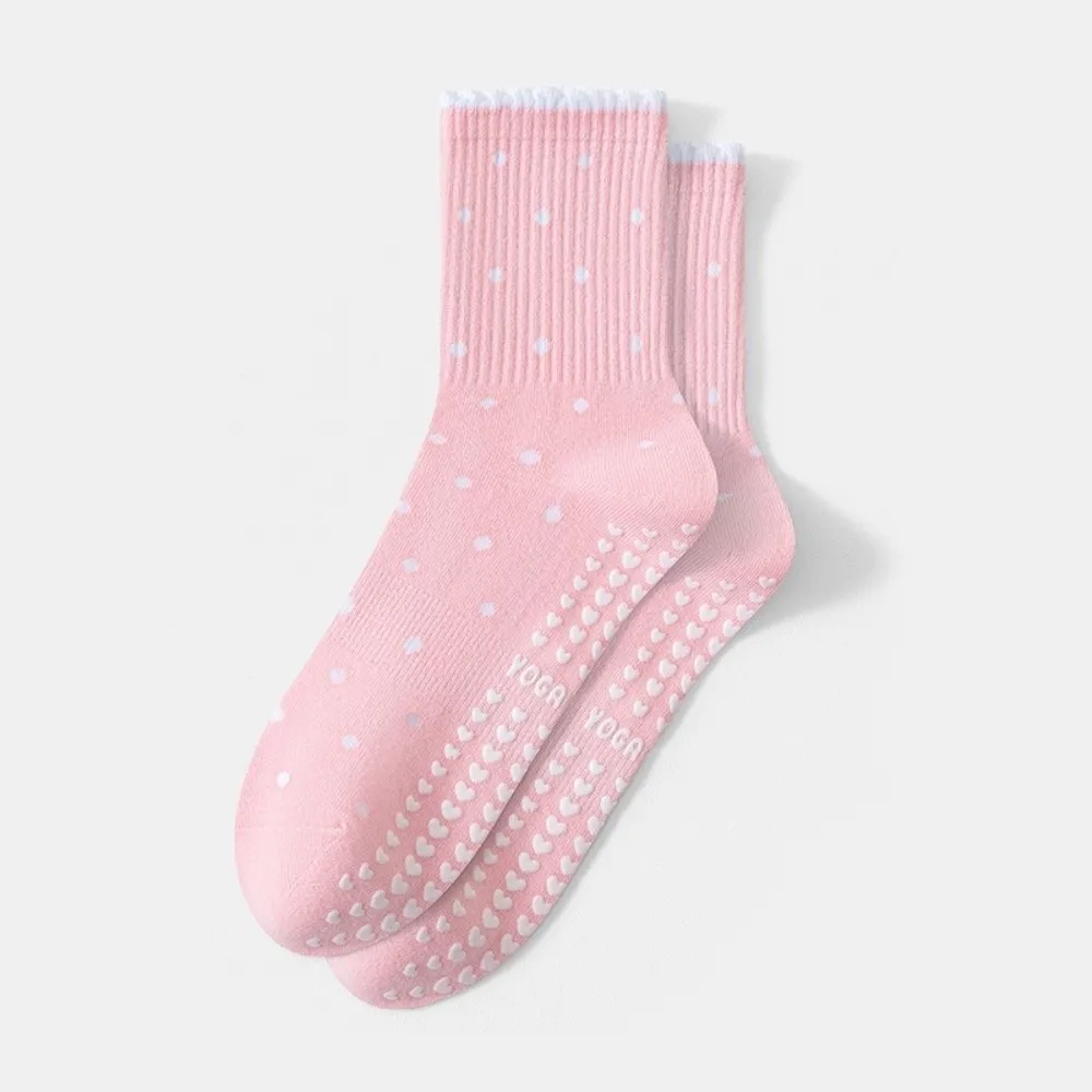 Cotton Yoga Socks Non Slip Grip Polka Dot Pattern Pilates Socks Ruffled Trim Mid‑calf Socks Women Exercise