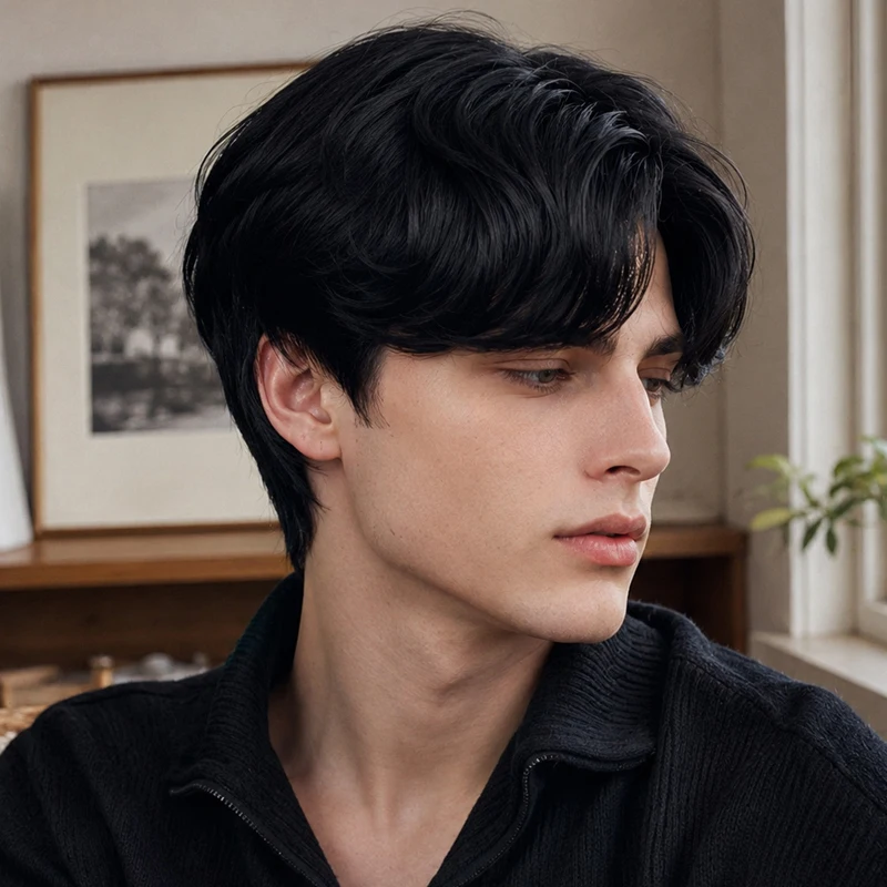 Men's everyday hairstyle wig, synthetic natural black fluffy wig, versatile for daily outings.