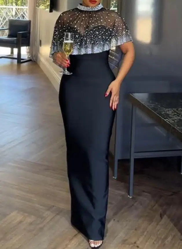 2025 신상 2피스 세트 슬릿 슬림핏 스트랩리스 맥시 드레스, 라인스톤 진주 장식, 하이넥 지퍼 백, 시스루 메쉬 판초 케이프