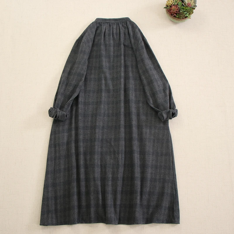 Japanese Mori Girl Vintage Plaid Loose Cotton Dress Women Autumn Winter O-Neck Long Sleeve Casual Single Breasted Midi Dresses