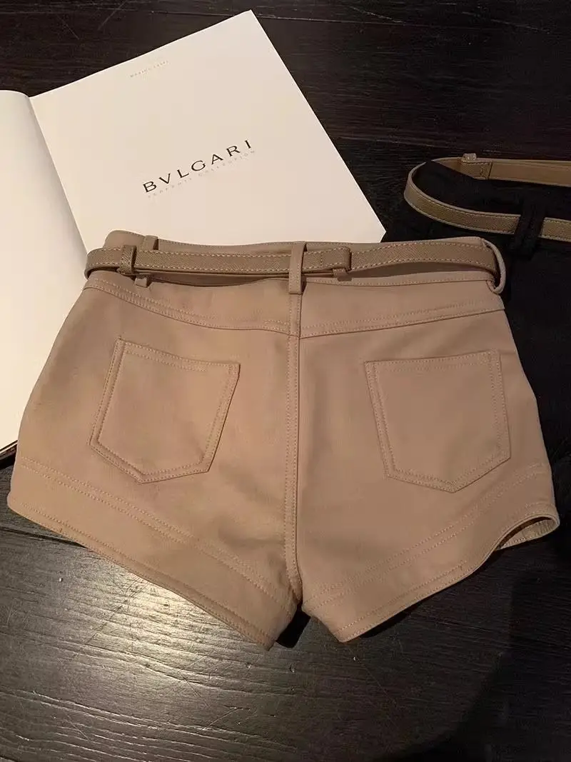 Pantalones cortos casuales de color caqui para mujer, pantalones cortos elásticos ajustados de cintura alta