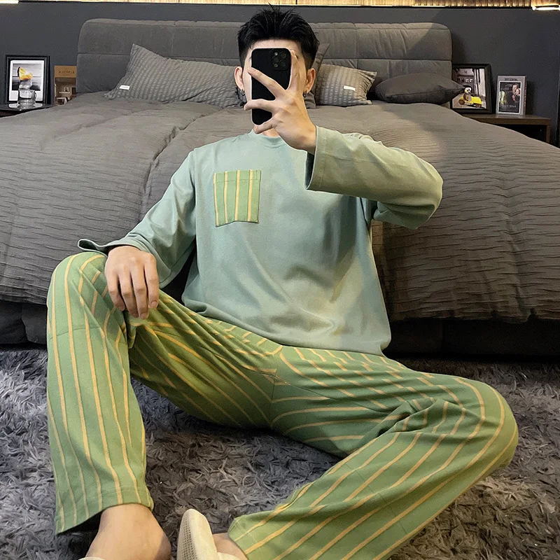 Fashion Autumn Striped Pajamas Sets for Men Plaid Pants Cotton Male Sleepwear Big Yards 3XL Home Wear Lounge Nightwear pijama