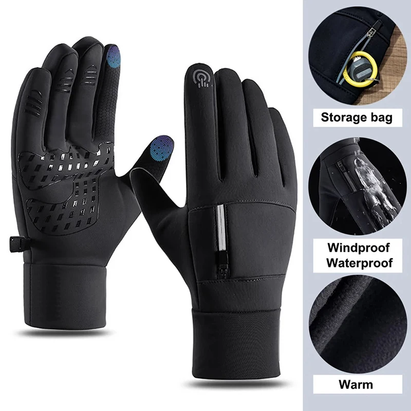 Black Winter Warm Full Fingers Waterproof Cycling Outdoor Sports Running Motorcycle Ski Touch Screen Fleece Gloves