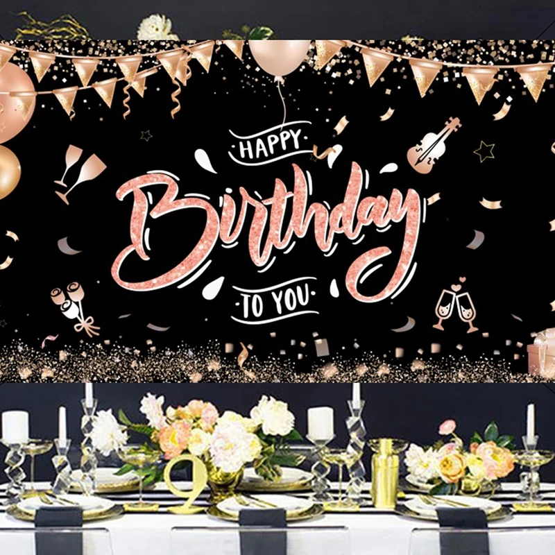 Black Gold Happy Birthday Backdrop Birthday Party Decoration Birthday Background Banner Gold Glitter Hanging Flag Anniversary