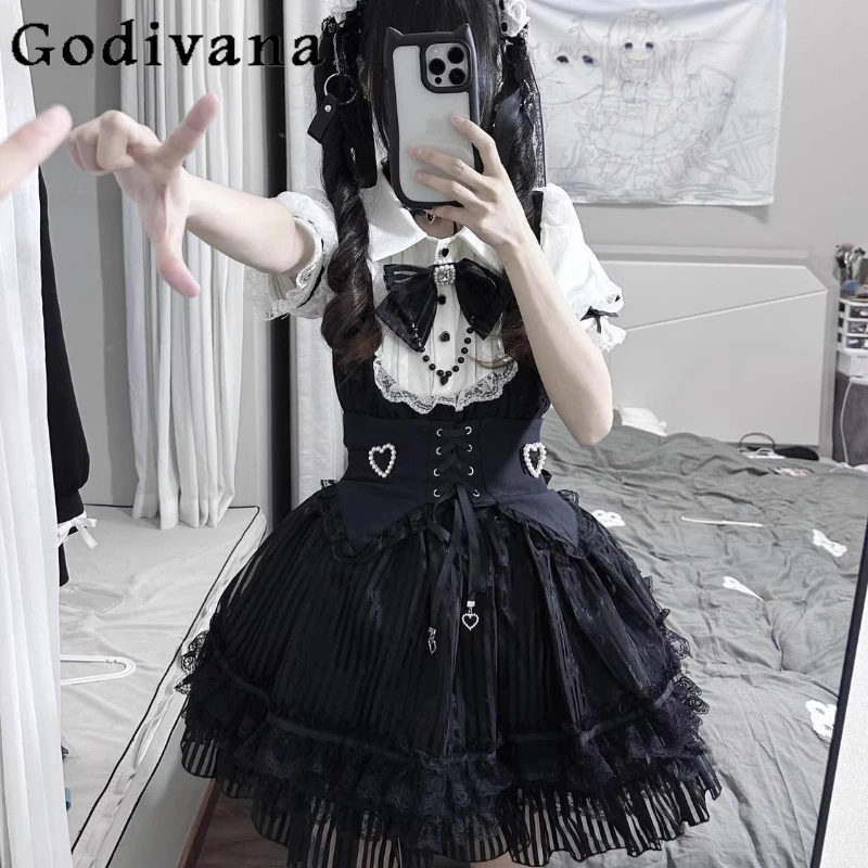 

Платье из двух предметов в стиле Лолиты, женское черное платье с пышными рукавами и поясом, комплект из двух предметов, женское платье в японском стиле