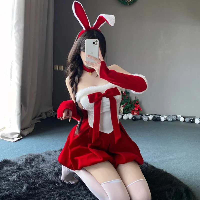 

Sexy Lingerie Cosplay Christmas Party Costumes Cute Bunny Girl Dress Santa Claus Roleplay Woman Rabbit Ears Outfit with Sleeves