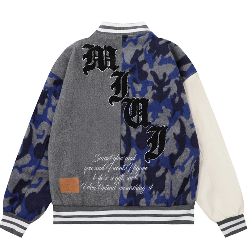 Men Stitching Camouflage Baseball Jacket Harajuku Retro Patchwork Letter Embroidery Bomber Outwear Hip Hop Couple Streetwear New