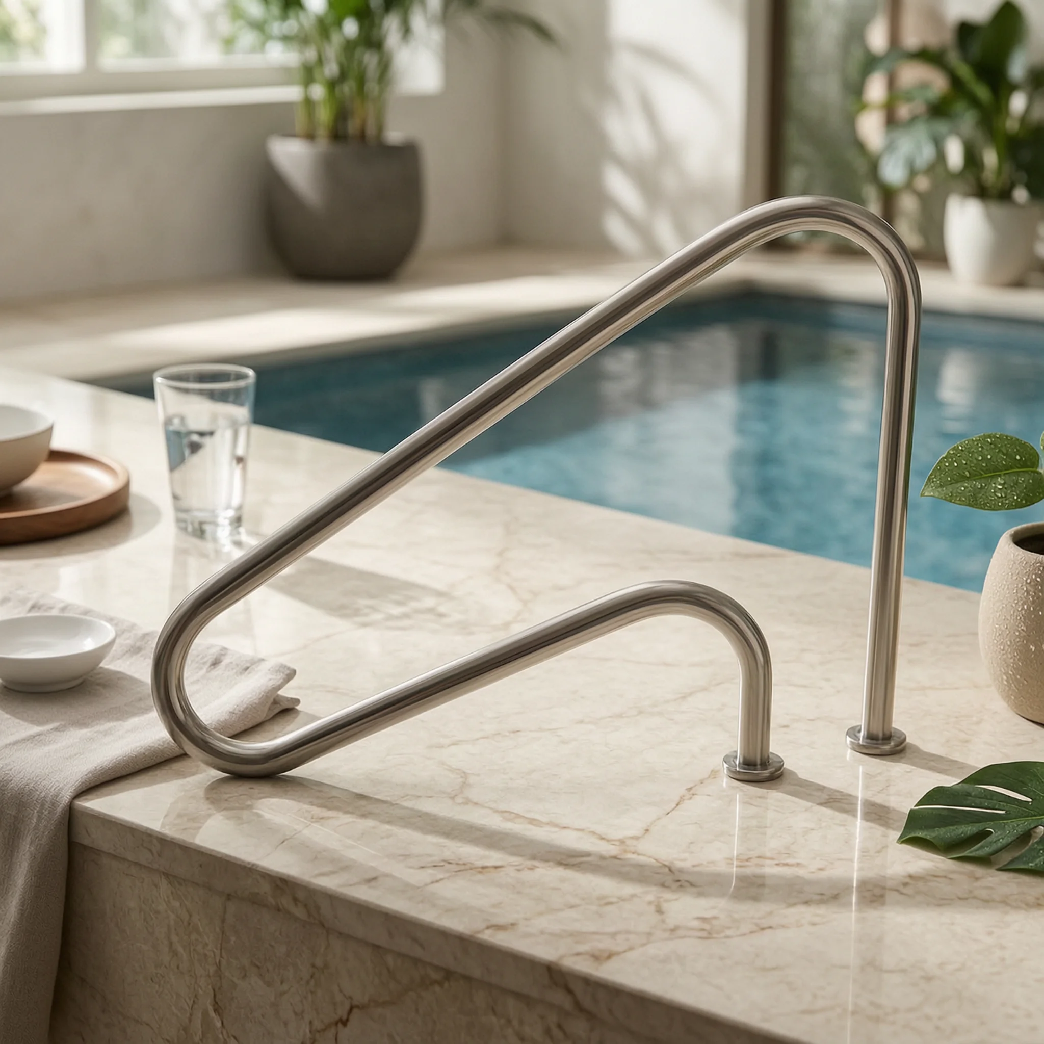 Pool Ladder Handrail Stainless Steel Pool Rail with Flange Base Anchor Polished Hardware Sturdy