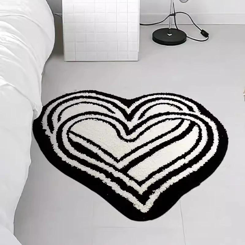 Black White Tufting Bedroom Rug Double Heart Shape Carpet Bathroom Mat Soft Bedside Floor Tidy Pad Doormat Aesthetic Home Decor