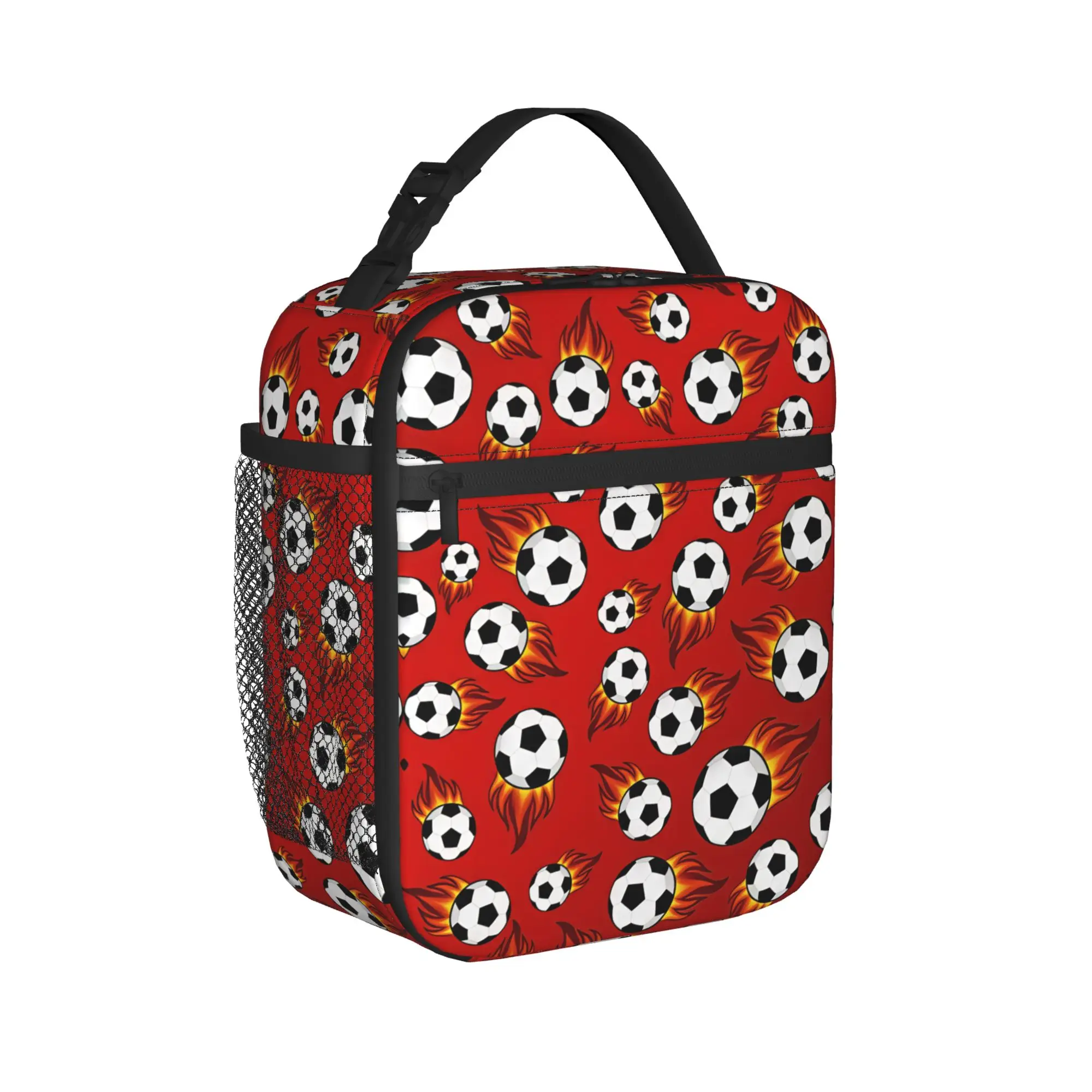 Red Background Fire Soccer Lunch Bag Outdoor Picnic Lunch Box For Girls Casual Tote Food Bags Waterproof Portable Cooler Bag