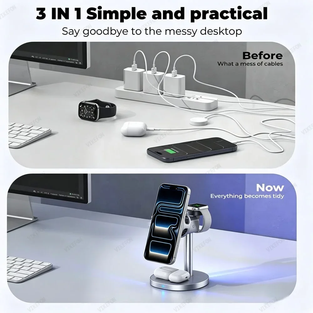 TEC 25W 3-in-1 Magnetisches Kabelloses Ladegerät mit EIN/AUS-Lüfter für Magsafe iPhone 17 16 Pro Max 15-12 Apple Watch 11/9/8/7 Airpods Pro 3/2 – Detail 5