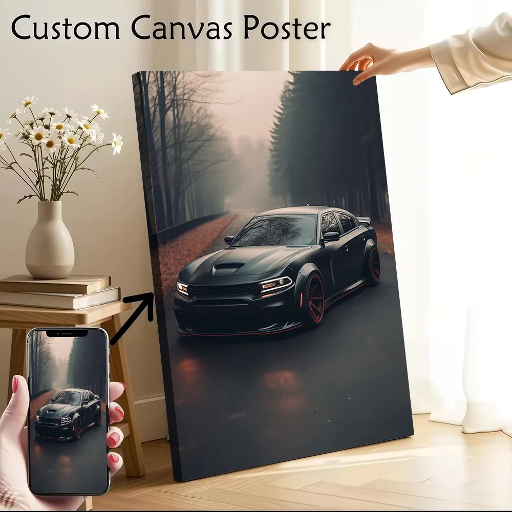 Sports Car Charger on Foggy Road Poster Customizable Printed Canvas Painting for Pictures Wall Art Decoration Living Room Decor