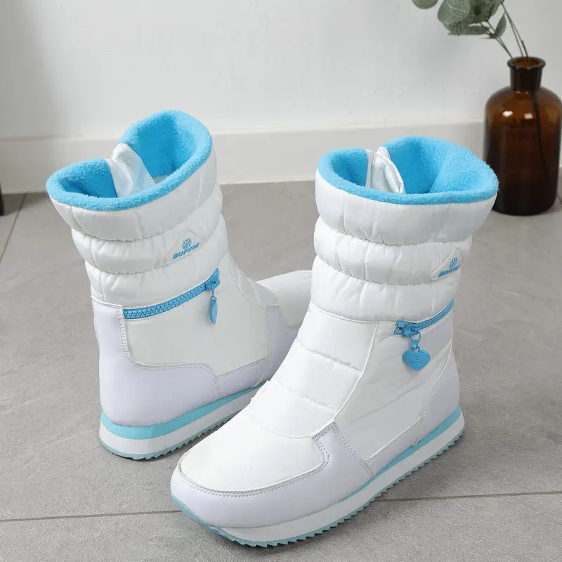 Long Women Snow Boots with Fashion Zipper Comfortable Warm Fur Winter Female Cotton Shoes Waterproof Non-slip Ladies Flat Boot