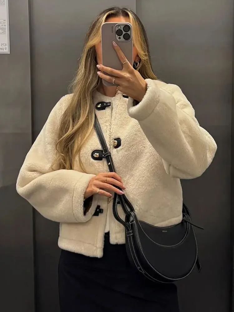 HH Woman Autumn Casual Fur Coats Long Sleeve O-Neck Single Breasted With Pockets Loose Jacket  Female Winter Warm Short Coat