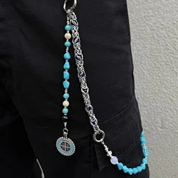 Original Trendy Blue Cracked Stone Bead Punk Style Pants Chain Cross Button Jeans Accessories