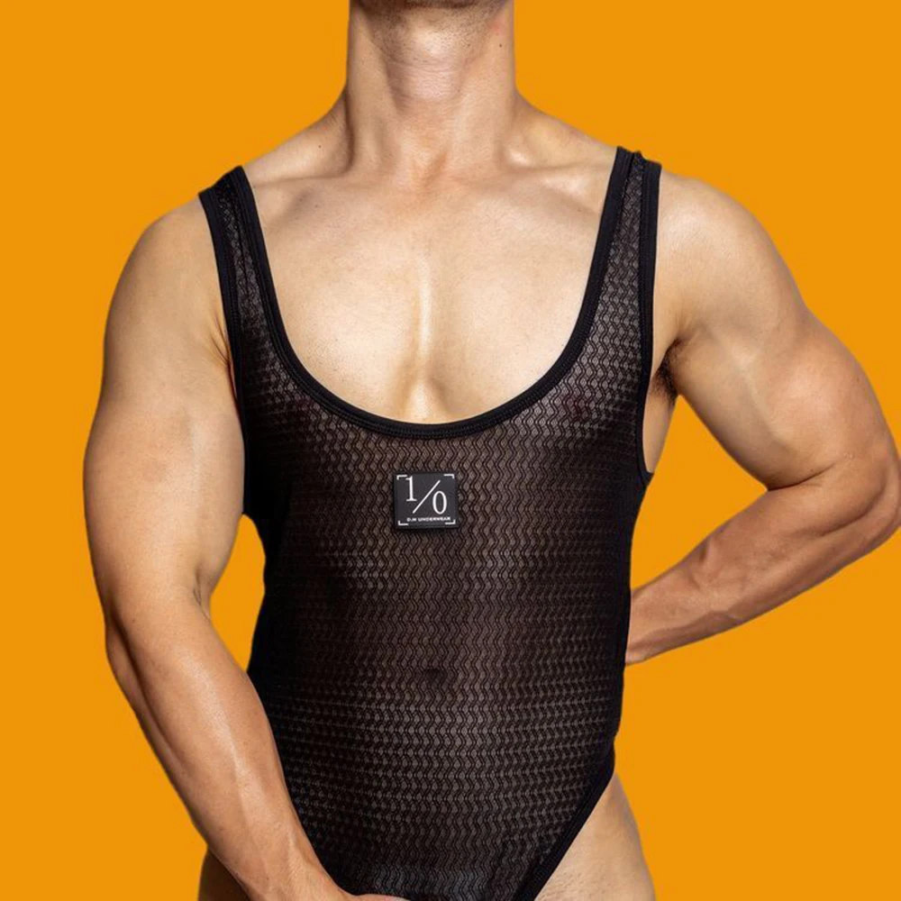 Men sexy tight mesh see-through jumpsuit body shaping fitness home breathable personalized comfort solid color underwear for men