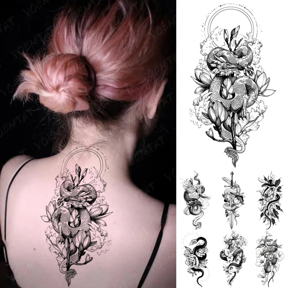 

Waterproof Temporary Tattoo Sticker Black Snake Dragon Totem Flash Tatto Tiger Flowers Roses Body Art Arm Fake Tatoo Men Women