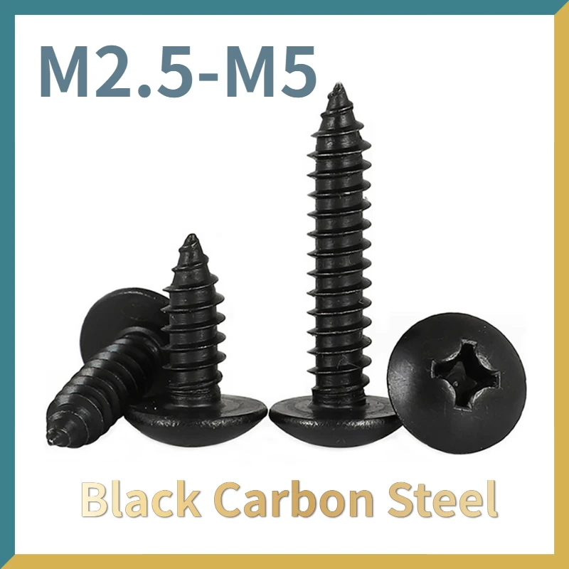 20/ 50/ 100pcs Black Steel Phillips Truss Head (Cross Recessed Mushroom Head) Self Tapping Screws M2.6 M3 M4 M5 M6