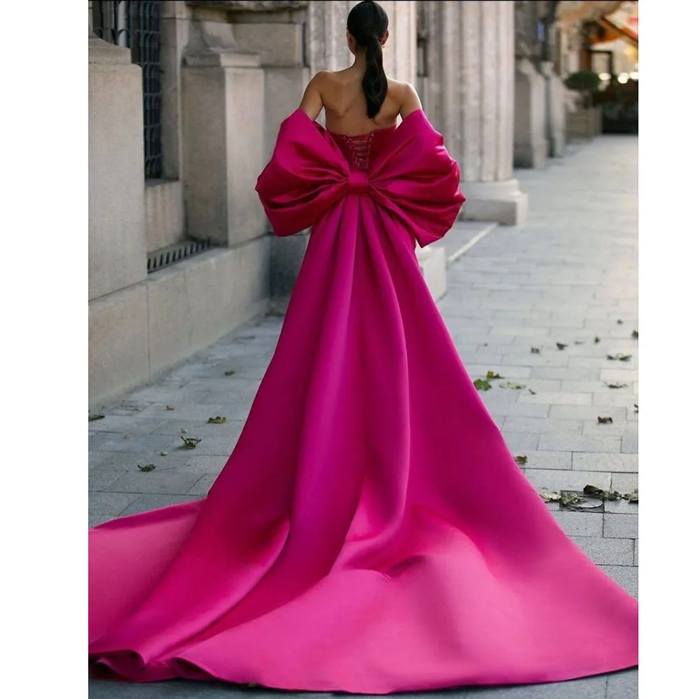 Nieuwste Fuchsia Oversize Boog Bruiloft Jas Bruids Jas Lange Vrouwen Formele Jas Bruids Cape Uitloper Kleur Gratis