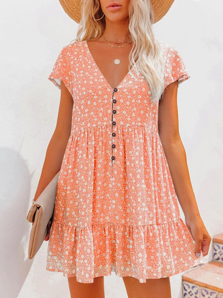 Summer Boho Floral Mini Dress Women Sexy V-neck Short Sleeve Casual Loose Chiffon Dresses 2023 Fashion Ruffles Woman Sundress