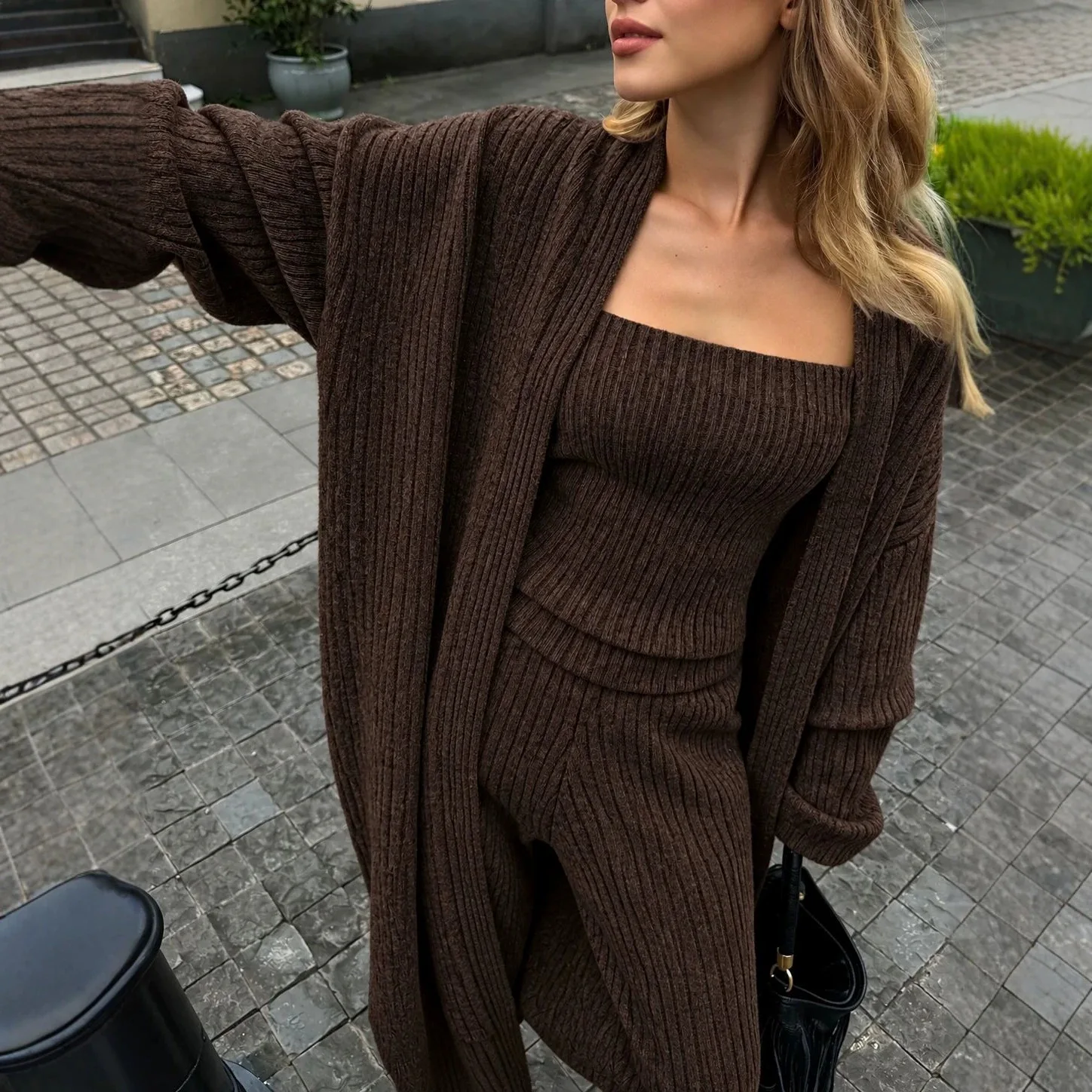 New Women's Vertical Rib Knit Three Piece Set Loose Long Cardigan Square Neck Sleeveless Top Wide Leg Trousers Chic Daily Suit